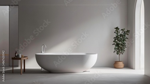 Modern White Freestanding Tub in a Minimalist Bathroom With Sunlight and a Plant