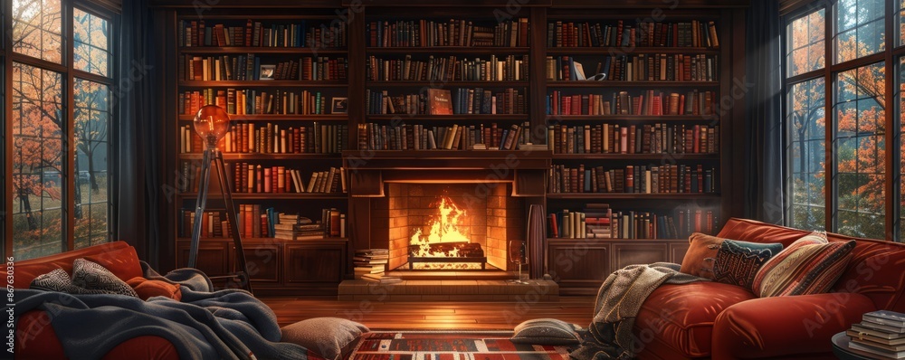A cozy living room with a fireplace crackling, bookshelves filled with books, and a soft throw blanket draped over a couch. A cozy living room with a fireplace crackling, bookshelves filled with books, and a soft throw blanket draped over a couch.