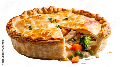 A perfectly baked classic chicken pot pie, with golden-brown flaky crust, bursting open to reveal a hearty filling of tender chicken and vegetables, isolated on a transparent background 