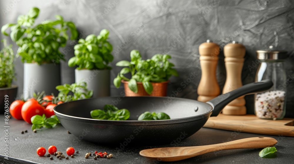 Non-stick frying pan with cooking utensils, copy space, everyday kitchen tools Non-stick frying pan with cooking utensils, copy space, everyday kitchen tools
