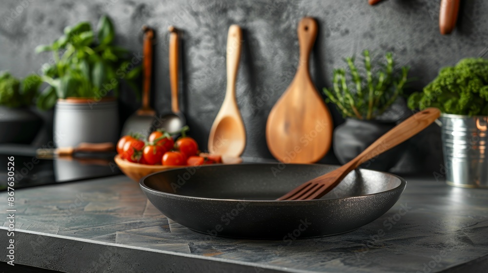 Non-stick frying pan with cooking utensils, copy space, everyday kitchen tools