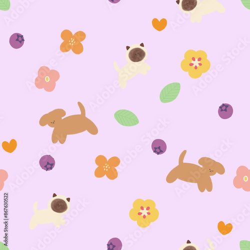 Colorful animal plant abstract flower seamless pattern illustration set.