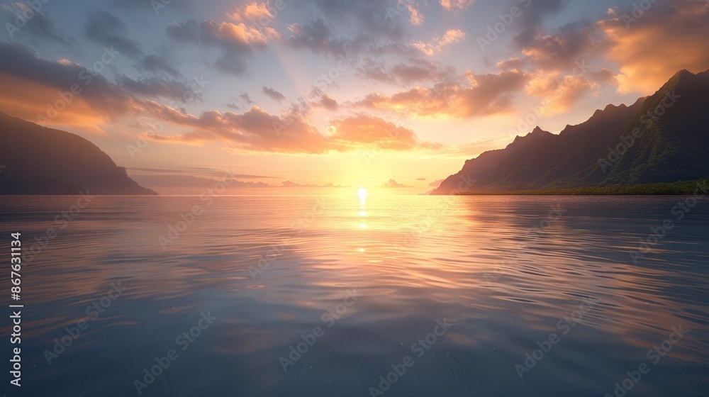 Breathtaking sunset over a serene ocean, with vibrant colors reflecting on calm waters and silhouetted mountains in the background. Breathtaking sunset over a serene ocean, with vibrant colors reflecting on calm waters and silhouetted mountains in the background.