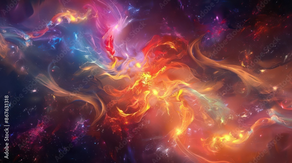 A stunning cosmic flame with bright, colorful patterns., image of galaxy universe space beautiful like magic in dream.