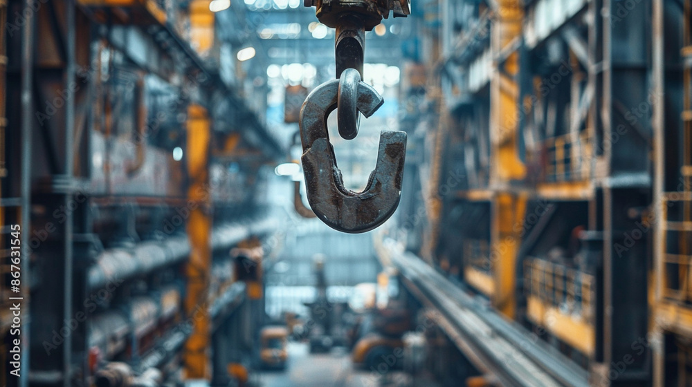An Overhead Crane hook Suspended in mid air at a Bustling Industrial Site, Symbolizing the Power of a Heavy Machinery An Overhead Crane hook Suspended in mid air at a Bustling Industrial Site, Symbolizing the Power of a Heavy Machinery