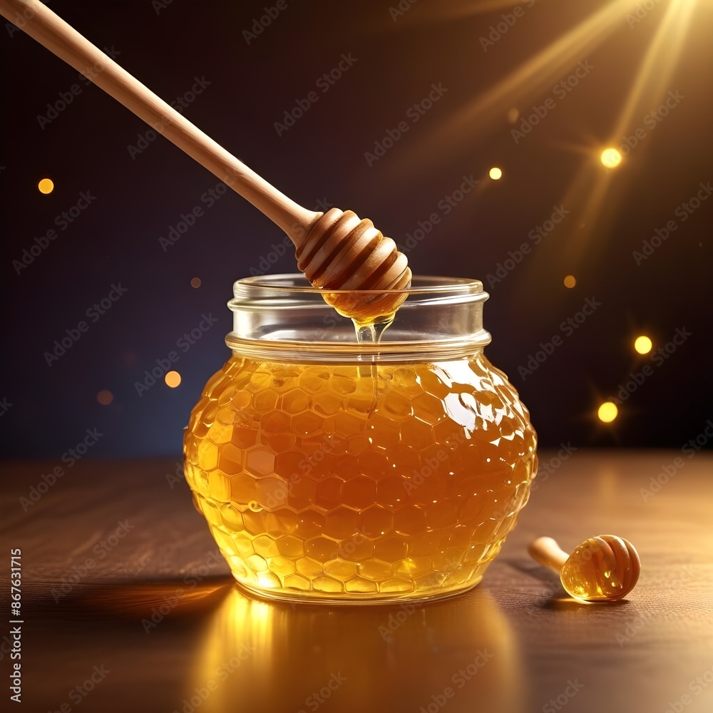 A glass jar filled with golden honey, with a wooden honey dipper inserted into the jar A glass jar filled with golden honey, with a wooden honey dipper inserted into the jar