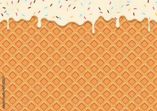垂れるホワイトチョコレートとワッフルのイラスト背景素材