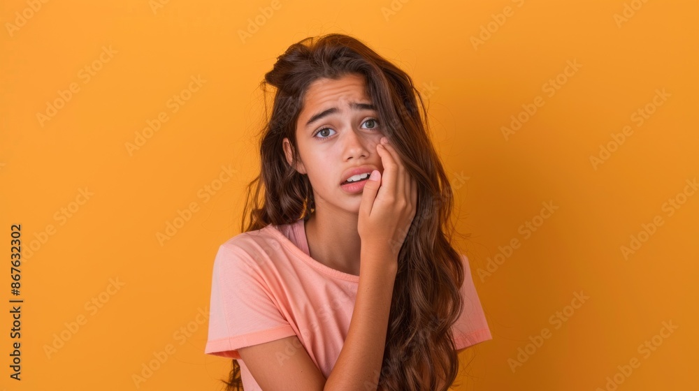 A young woman with long brown hair stands against a bright yellow backdrop, her expression revealing anxiety and worry A young woman with long brown hair stands against a bright yellow backdrop, her expression revealing anxiety and worry