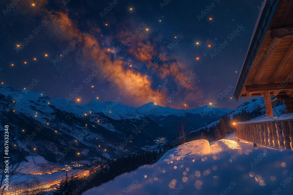 Fototapeta premium Winter Mountain Night with Starry Sky and SnowCovered Cabin Under Milky Way Galaxy