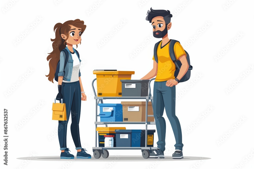 Clipart illustration of Housekeeping Restocking Supplies on Trolley Housekeeping staff restocking supplies on a trolley, preparing to clean and refresh guest rooms efficiently, ensuring everything is