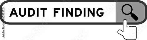 Search banner in word audit finding with hand over magnifier icon on white background