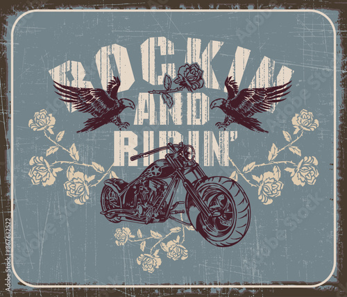 Illustration of lettering composition and old motorcycle. Retro style art.