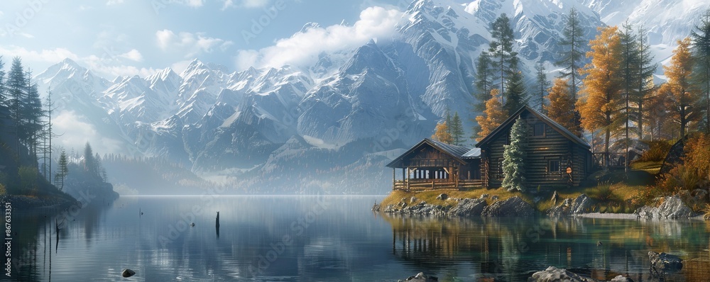 Fototapeta premium Alpine hut overlooking a mountain lake, cozy retreat, tranquil waters, scenic beauty.
