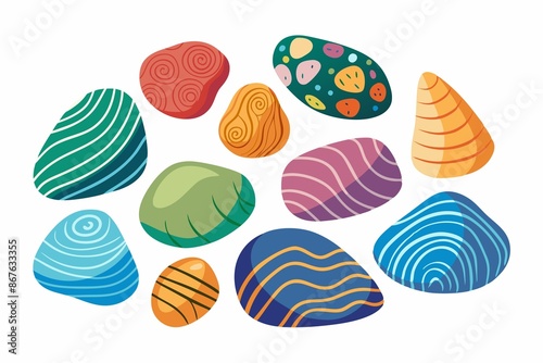 stones, hand-painted, rock, collection of uniquely hand-painted rock stones on pure white background, perfect for decoration © mahat