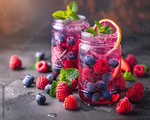 Refreshing blueberry and raspberry infused water with mint and citrus.