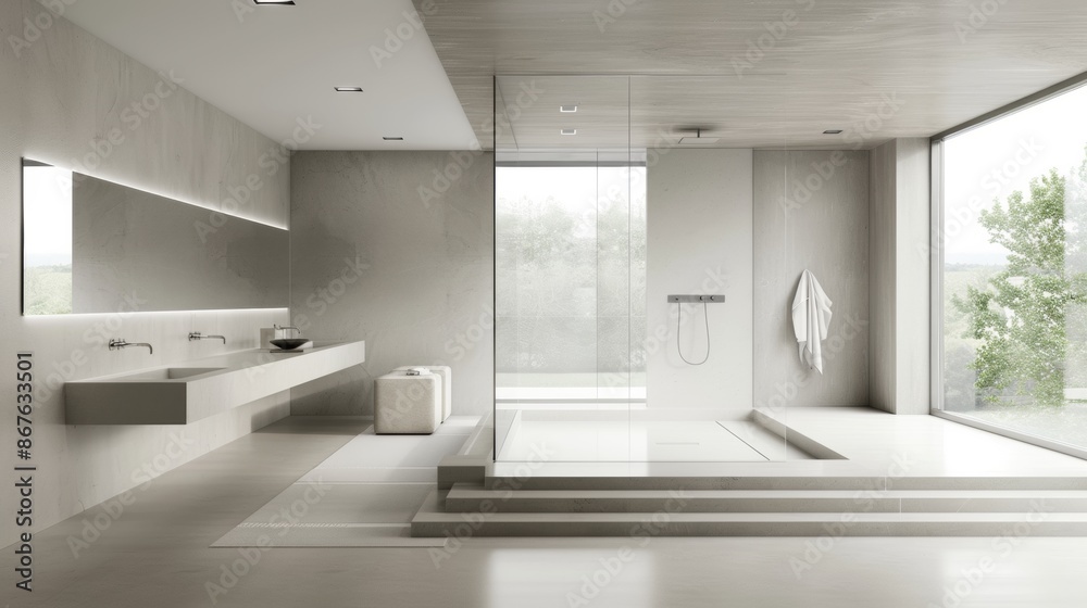Modern Bathroom With Walk-In Shower and Large Window Modern Bathroom With Walk-In Shower and Large Window