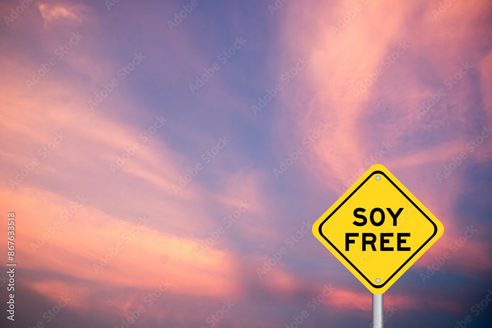 Yellow transportation sign with word soy free on violet color sky background Yellow transportation sign with word soy free on violet color sky background