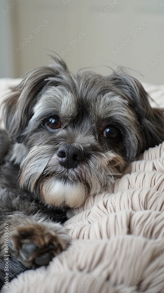The soft fabric envelops the small dog, highlighting its fluffy fur and endearing expression. The soft fabric envelops the small dog, highlighting its fluffy fur and endearing expression.