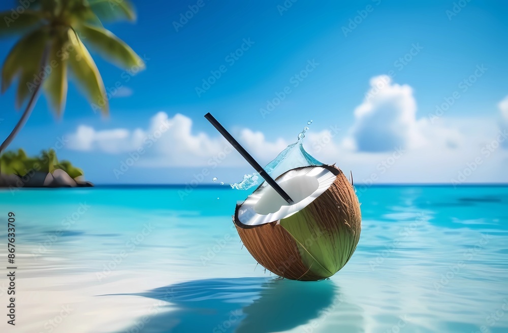 Juicy coconuts against the backdrop of a summer beach. Healthy food and self-care. Juicy coconuts against the backdrop of a summer beach. Healthy food and self-care.