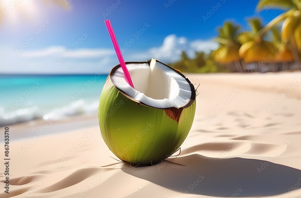 Juicy coconuts against the backdrop of a summer beach. Healthy food and self-care. Juicy coconuts against the backdrop of a summer beach. Healthy food and self-care.