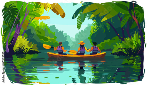 Kayaking young people on tropical river, vector cartoon illustration of men and women paddling in wooden boat with oars in hands on lake in green rainforest with trees, active vacation, adventure spor