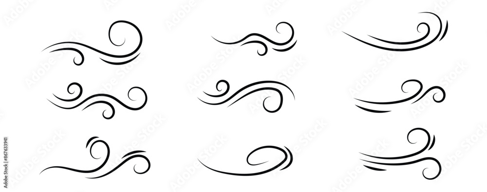 Doodle wind line sketch set. Hand drawn doodle wind, air blow, swirl elements. Sketch drawn air blow motion, smoke flow art, abstract line. Vector illustration. Isolated on white background in eps 10. Doodle wind line sketch set. Hand drawn doodle wind, air blow, swirl elements. Sketch drawn air blow motion, smoke flow art, abstract line. Vector illustration. Isolated on white background in eps 10.