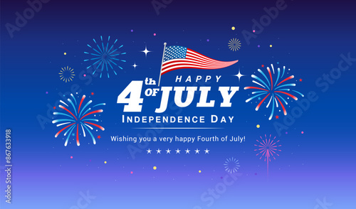 Happy 4th of July greeting card vector illustration. Independence Day fireworks celebration