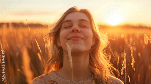 Backlit Portrait of a calm happy smiling free woman with closed eyes enjoys a beautiful moment life on the fields at sunset