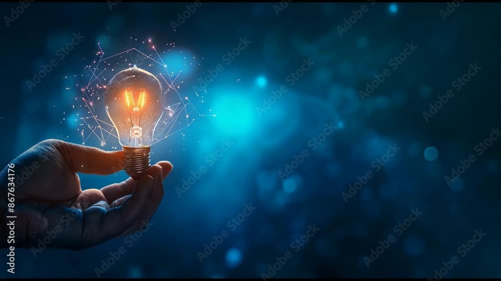 Hand holding a light bulb with a glowing effect on a dark blue background, symbolizing a new idea and creativity