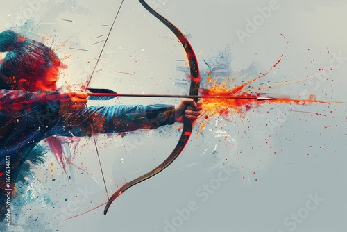 Dynamic and Colorful Digital Art of an Archer in Action with Explosive Energy Burst and Abstract Background Highlighting Intensity and Skillarcher
