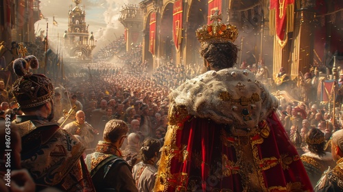 The Grand Coronation Ceremony of a King in Historical Context, Crowds Gather in a Majestic Medieval City with Royal Banners, Adornments, and Regal AttireKing photo