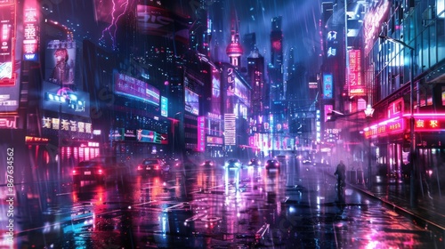 Futuristic cityscape with neon lights, cyberpunk background © Sergey