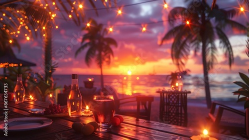 Exquisite Tropical Beach Dinner Setting at Sunset with Glowing String Lights, Palms, and Warm Ambient Lighting Creating a Romantic Atmospheretropical dinner