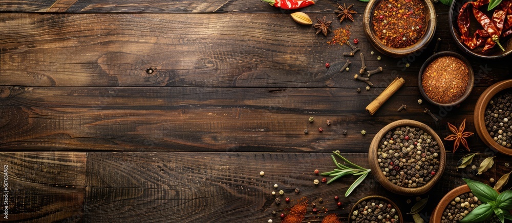 Spices on wooden surface with empty space seen from above Spices on wooden surface with empty space seen from above