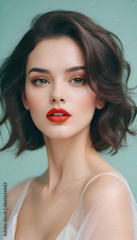 Timeless Elegance: Beautiful Brunette Girl with Red Lips in Fashionable Hairstyle, a Stunning Portrait of a Pretty Woman Model Shot in Studio for Creative Projects