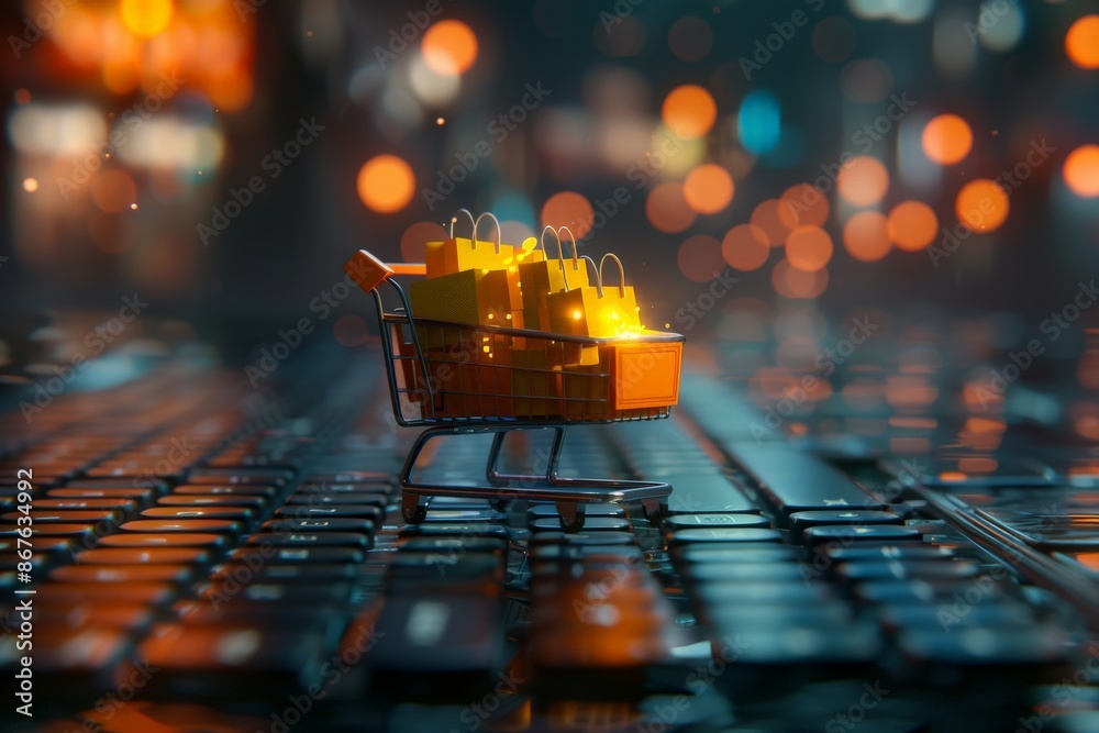Miniature Shopping Cart Filled with Bright Yellow Shopping Bags on Laptop Keyboard with Glittering Bokeh Lights in Background Depicting Online Shopping ConceptOnline shopping