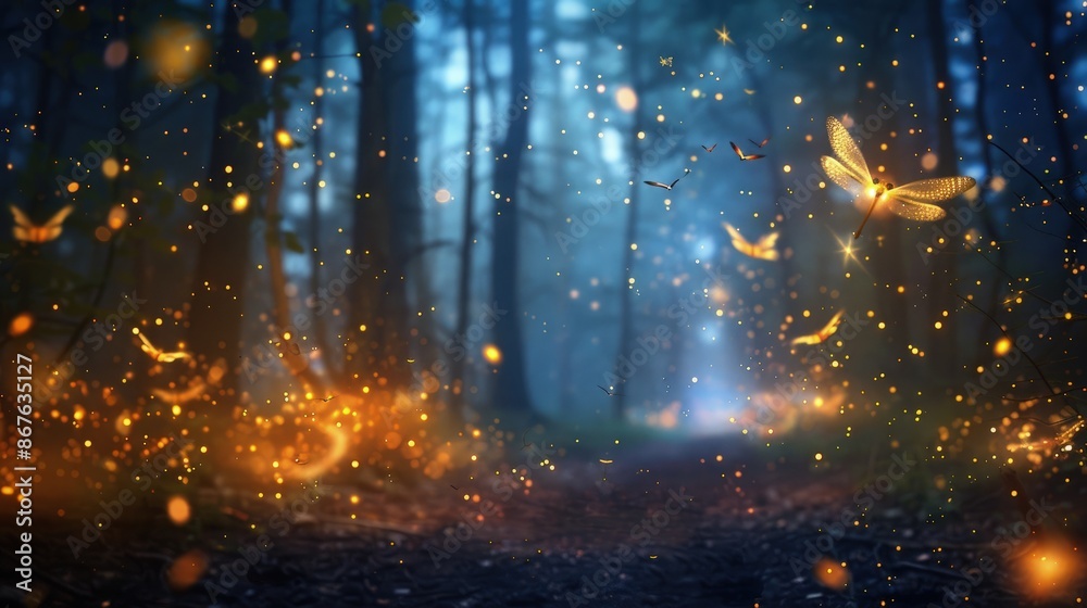 Naklejka premium Abstract and magical image of Firefly flying in the night forest. Fairy tale concept.