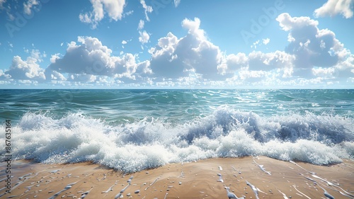 Serene coastal beach scene with crashing waves under a bright blue sky filled with fluffy white clouds on a sunny summer dayOcean photo