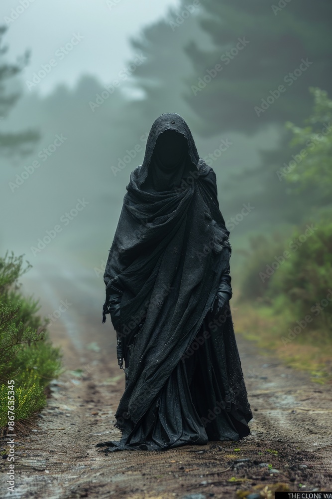 The ominous hooded figure in a dark, tattered cloak ominously stands on a misty forest trail, emphasizing eerie and mysterious atmosphere in the wildernessEerie The ominous hooded figure in a dark, tattered cloak ominously stands on a misty forest trail, emphasizing eerie and mysterious atmosphere in the wildernessEerie