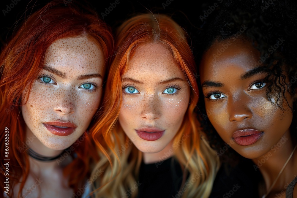 Three Diverse Women with Freckles and Various Skin Tones Posing for Portrait Close-Up with Intense Blue Eyes and Natural MakeupDiverse Three Diverse Women with Freckles and Various Skin Tones Posing for Portrait Close-Up with Intense Blue Eyes and Natural MakeupDiverse