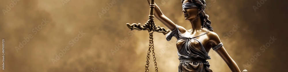 Blindfolded Lady Justice Statue Holding Scales and Sword with Brown Background Blindfolded Lady Justice Statue Holding Scales and Sword with Brown Background