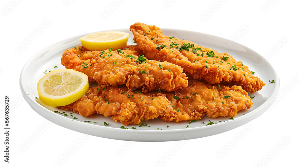 A perfectly fried, golden-brown chicken schnitzel on a transparent background A perfectly fried, golden-brown chicken schnitzel on a transparent background