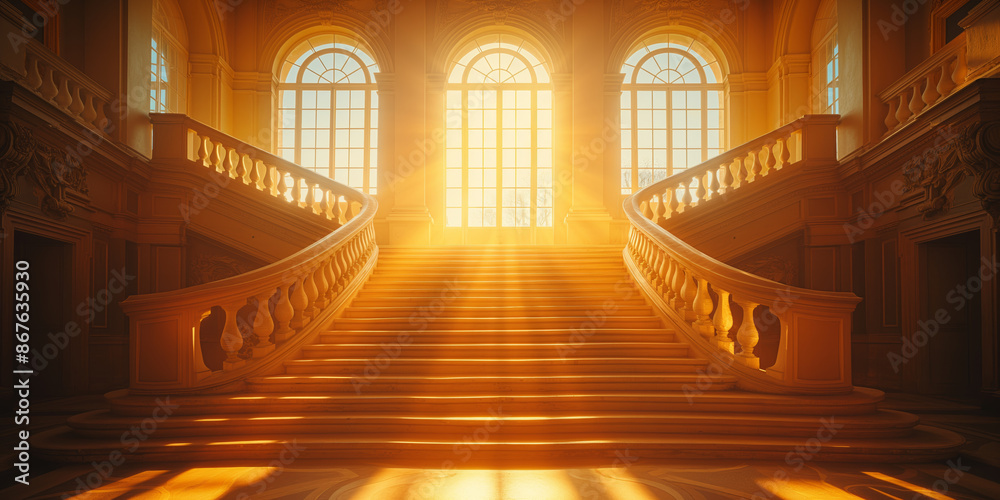 Grand Sunlit Staircase in Historic Building with Golden Light Beams Grand Sunlit Staircase in Historic Building with Golden Light Beams