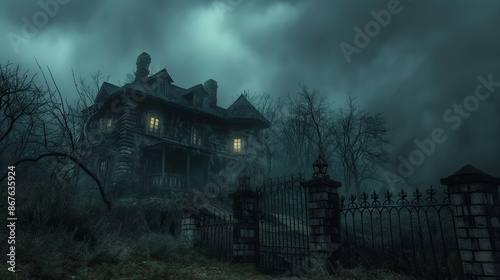Haunted House in a Dark Foggy Forest at Night