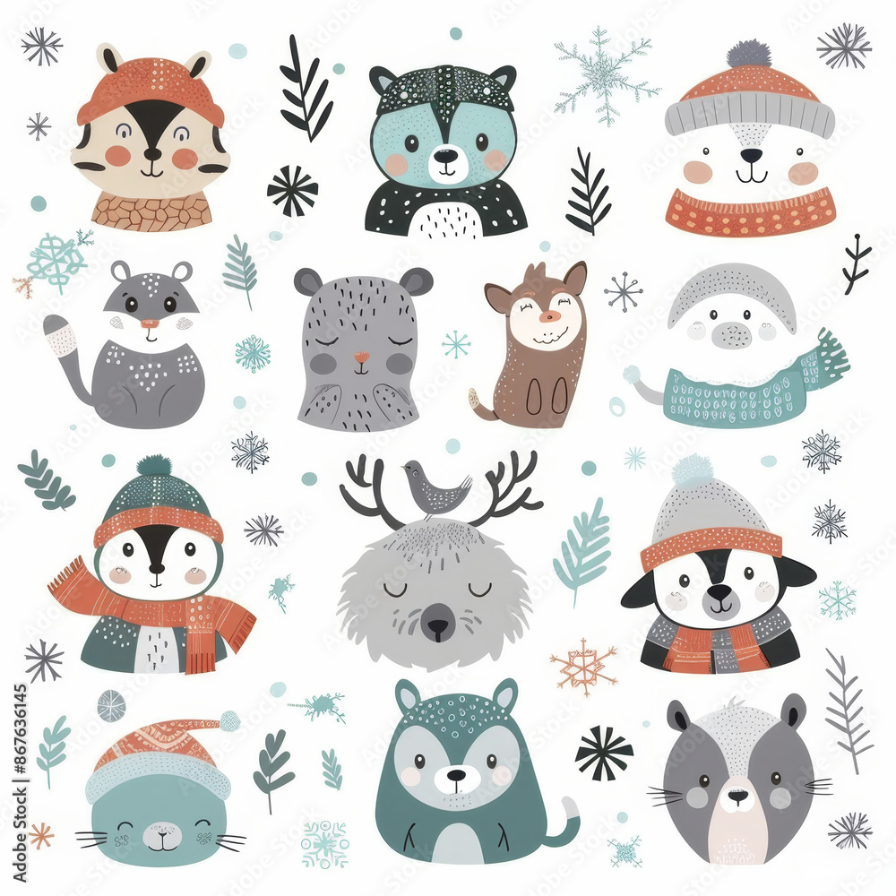 Cute animal Christmas set illustration. festive winter Christmas funny animal characters. Winter-themed featuring cute animal faces perfect for festive and holiday designs, gift wrapping Cute animal Christmas set illustration. festive winter Christmas funny animal characters. Winter-themed featuring cute animal faces perfect for festive and holiday designs, gift wrapping