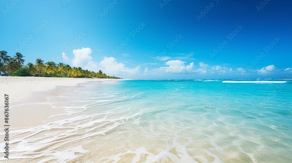 Scenic tropical beach with clear blue waters, pristine white sand, and palm trees under a bright blue sky, perfect for a tranquil escape. Scenic tropical beach with clear blue waters, pristine white sand, and palm trees under a bright blue sky, perfect for a tranquil escape.