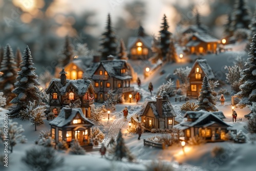 Charming miniature winter village illuminated with warm lights, surrounded by snow-covered trees and quaint houses, evoking a cozy holiday atmosphereminiature village