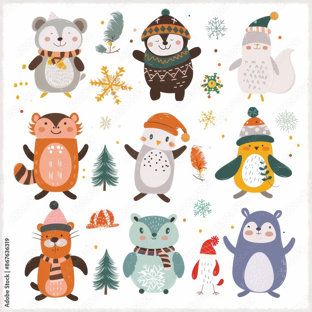 Cute animal Christmas set illustration. festive winter Christmas funny animal characters. Winter-themed featuring cute animal faces perfect for festive and holiday designs, gift wrapping Cute animal Christmas set illustration. festive winter Christmas funny animal characters. Winter-themed featuring cute animal faces perfect for festive and holiday designs, gift wrapping