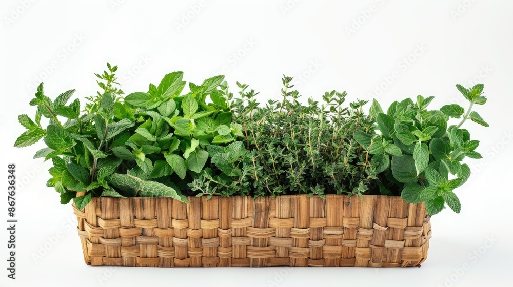Fototapeta premium Fresh spicy herbs arranged in a wooden basket Aromatic plants displayed in a still life composition featuring mint oregano and thyme set against a white background