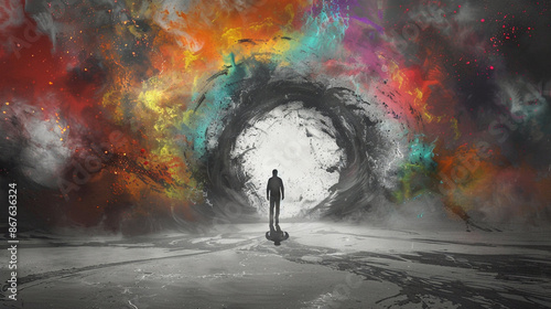 Conceptual image of a figure walking through a portal from a grayscale world in one full of color, depicting life transitions and new beginnings